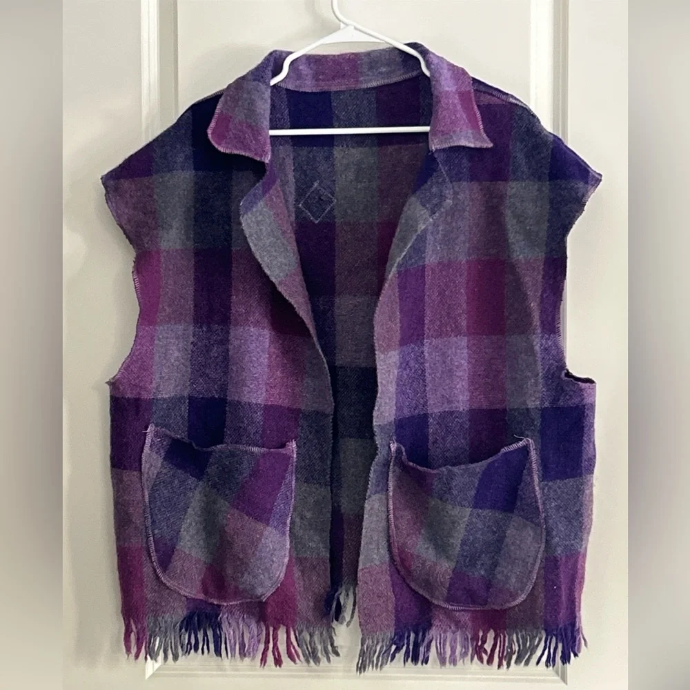 Reid BARNHART OS Handwoven Art to Wear Fringe Wool Open Vest Appliques FLAW